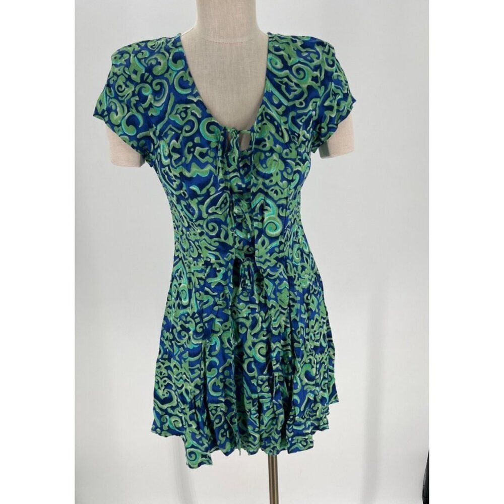 Vintage I.C.I Womens Romper Green  Blue Print Short Sleeve Tie Overlap Small